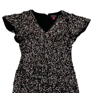 Vince Camuto Sz 0 Black Pink Silver Sequin Sheath Dress Flutter Sleeve New Years